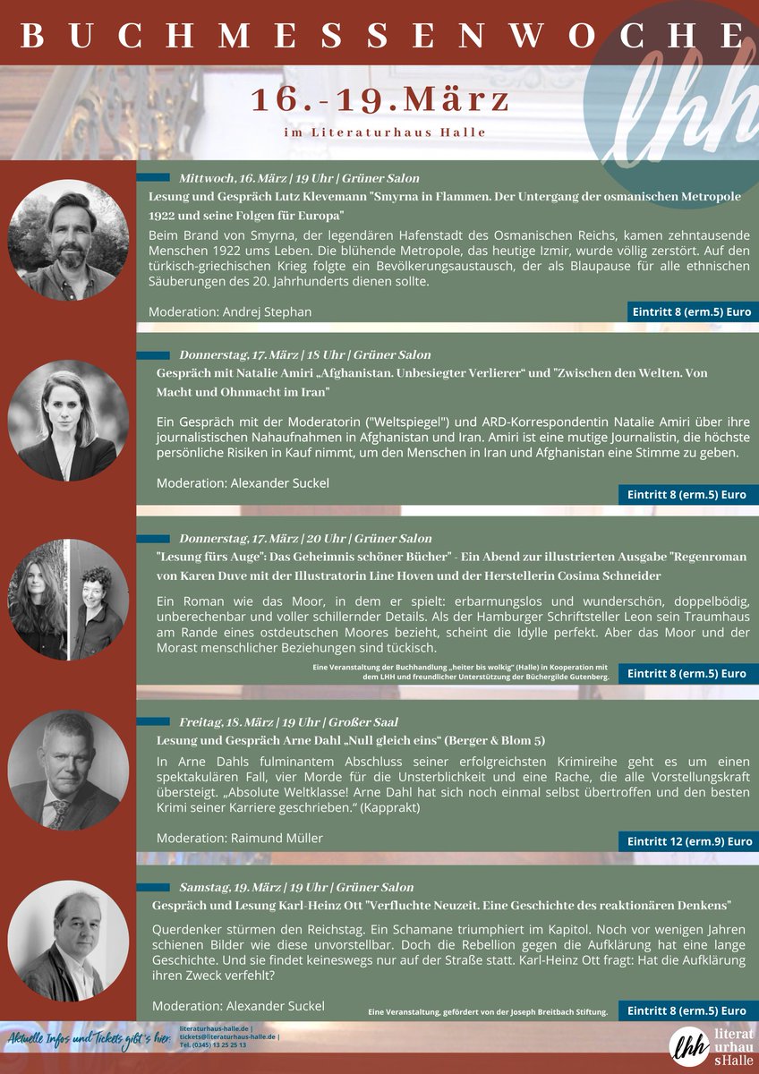 LiteraturhausH's tweet photo. Diese Woche: #Buchmesse|nwoche im #Literaturhaus #Halle.

#ArneDahl #Amiri #Klevemann #Ott #HalleSaale #Literatur #LHH https://t.co/rQqhxdK3eC