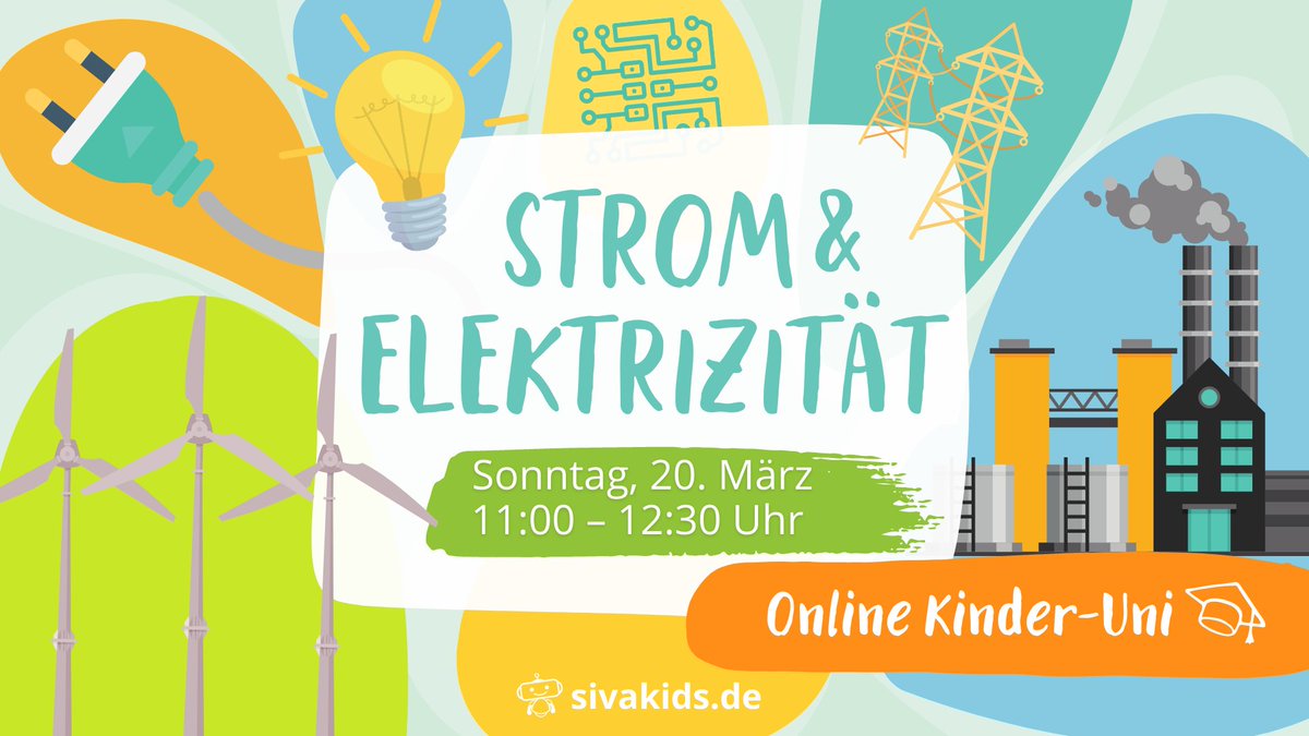 sivakids's tweet photo. Wieso leuchtet eine Glühbirne? Wie kommt der Strom in die Steckdose? Und wie kann man aus Wind Energie gewinnen?🤔💨🔋
Genau das finden wir diesen Sonntag in unserer Online Kinder-Uni heraus!

Weitere Infos &amp; Anmeldung auf unserer Homepage:
👉 https://t.co/Eyhqf0FG6E https://t.co/HuyhDBrQQo