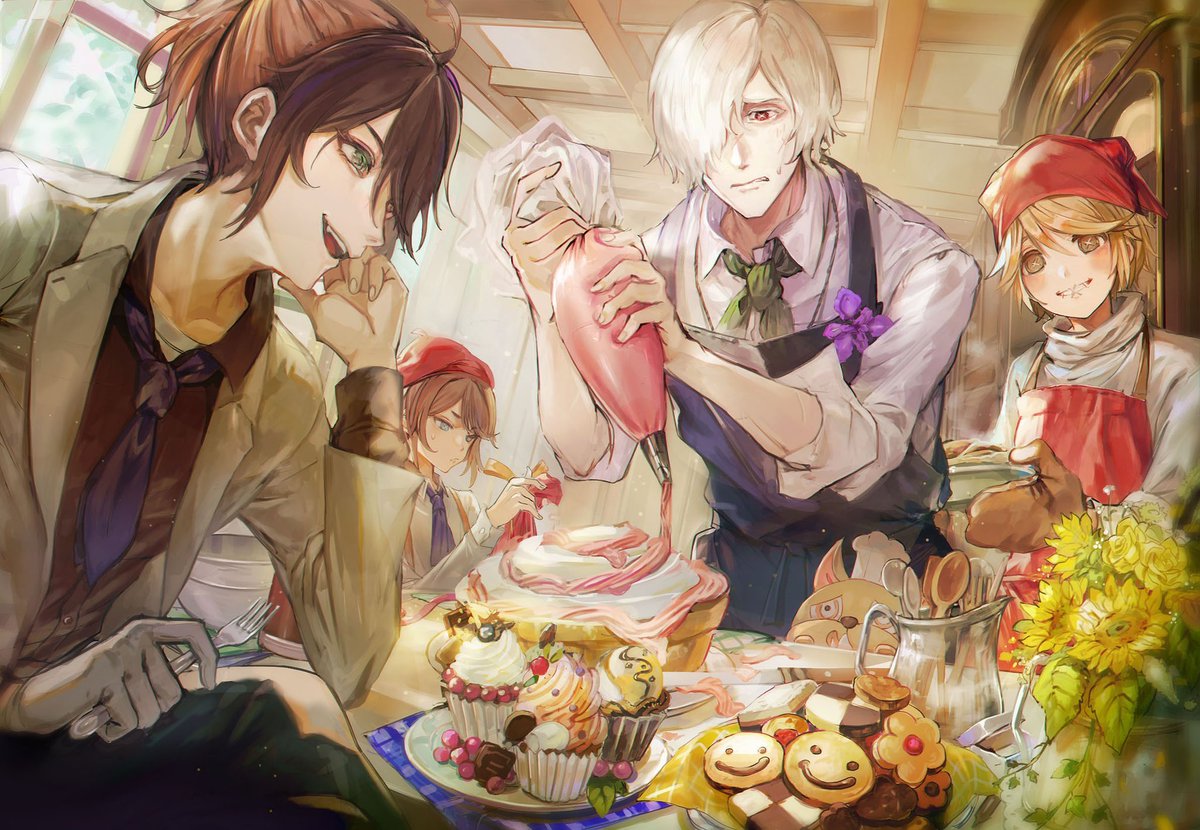 multiple boys hair over one eye apron cake food cookie male focus  illustration images