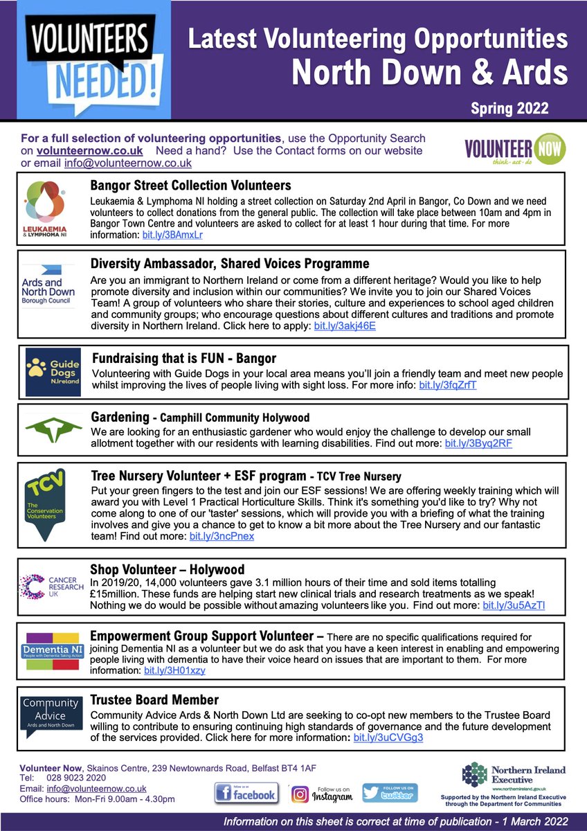 Please see attached <a href="/VolunteerNow1/">Volunteer Now</a> latest volunteering opportunities for North Down &amp; Ards!