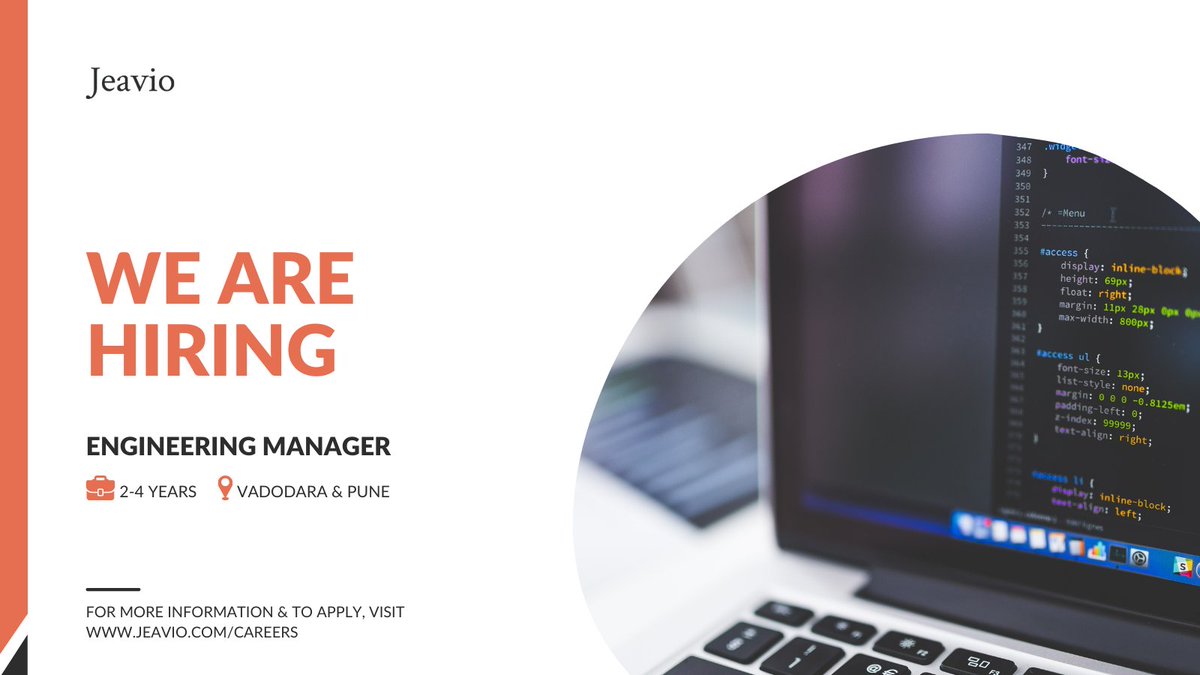 jeavio's tweet photo. We are looking for an #engineeringmanager to build scalable, distributed applications in #pune &amp; #vadodara.
For more details &amp; to apply, visit https://t.co/Um1vne1H9o.
#jeaviocareers #deliverymanager #agilemethodologies #projectmanager #peoplemanagement #systemdesign #aws #azure https://t.co/BZGTj2pOkB