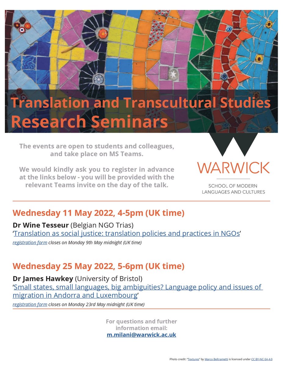 Warwick_Transla's tweet photo. Delighted to announce our @Warwick_Transla online research seminars for the Summer term - check them out, and register in advance; all welcome! https://t.co/SjNt8mbbHz https://t.co/SDFlpiECTj