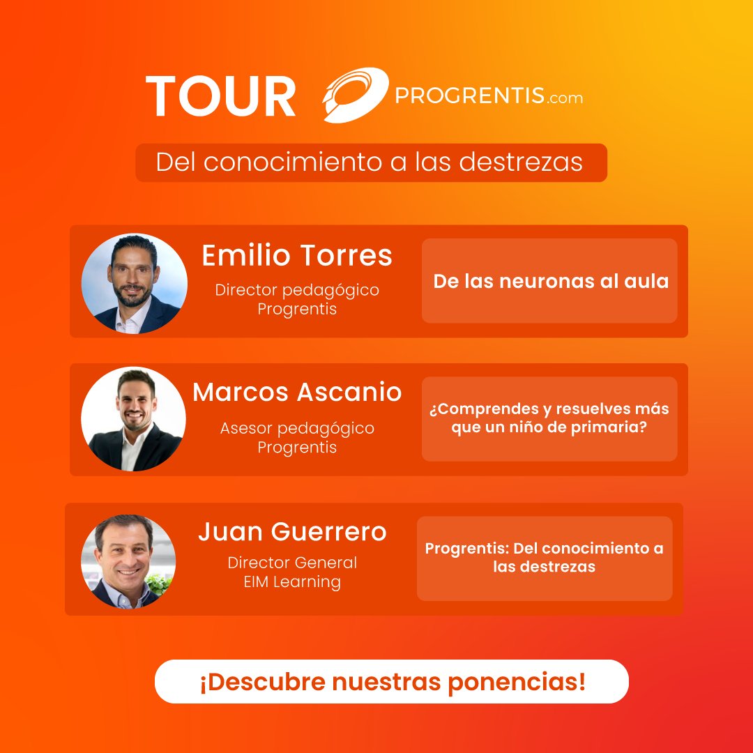 ¡Seguimos con nuestro #TourProgrentis!✈

Asiste a alguno de los eventos de nuestro tour, para conocer de cerca los temas más interesantes del actual panorama #educativo.🧑🏻‍🏫

¡Podrás ganar un viaje pedagógico a #Málaga!

¿A qué esperas?🤔👉Inscripciones: eimlearning.com/tour-progrentis