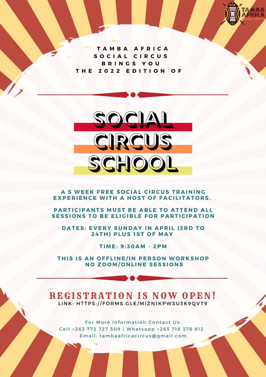 Its Back!!!
#mondaymotivation
￼Registration is now OPEN for the 2022 edition of Tamba Africa’s #SocialCircusSchool
No previous experince is needed but any creative talent is a BONUS
Reg link: forms.gle/MizN1KpWsU3K9q…
Deadline: Friday 25th March 2022
#socialcircus
#performancearts