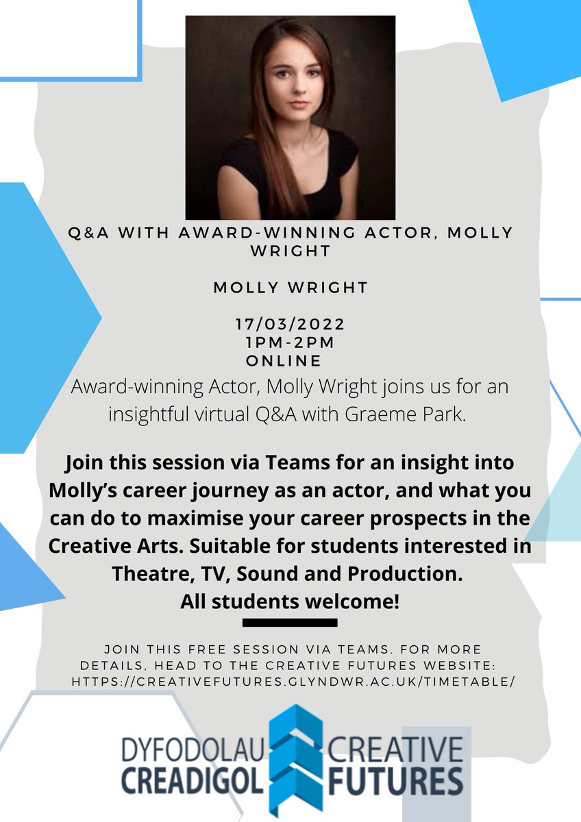 GlyndwrCF22's tweet photo. This Thursday we'll be joined by Actress @mollyflo_wright! 

Don't miss out, find more details and joining instructions on the Creative Futures website: https://t.co/yBmqkDvNOm https://t.co/1XCBzkRBcj