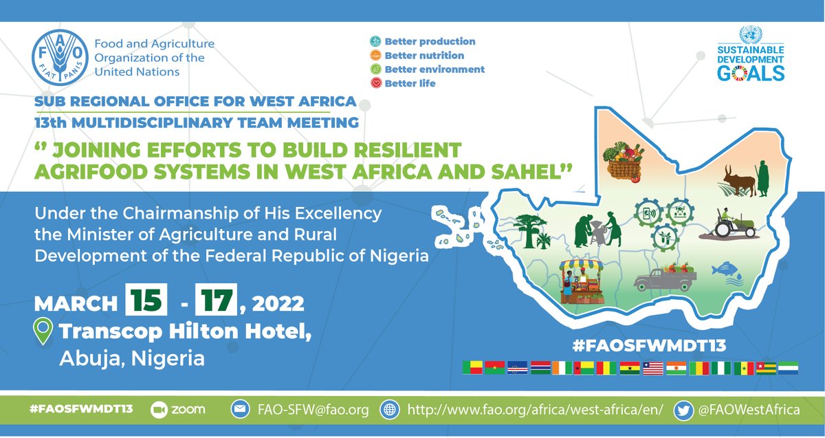 15 countries from #WestAfrica & #Sahel sub-region are being hosted by @FmardNg at the 13th Multidisciplinary Team Meeting of @FAO, which among other things, will deliberate on the food & nutrition situation in the area. 👉bit.ly/3KEOoNE #FoodSecurity #Nutrition #MDT13
