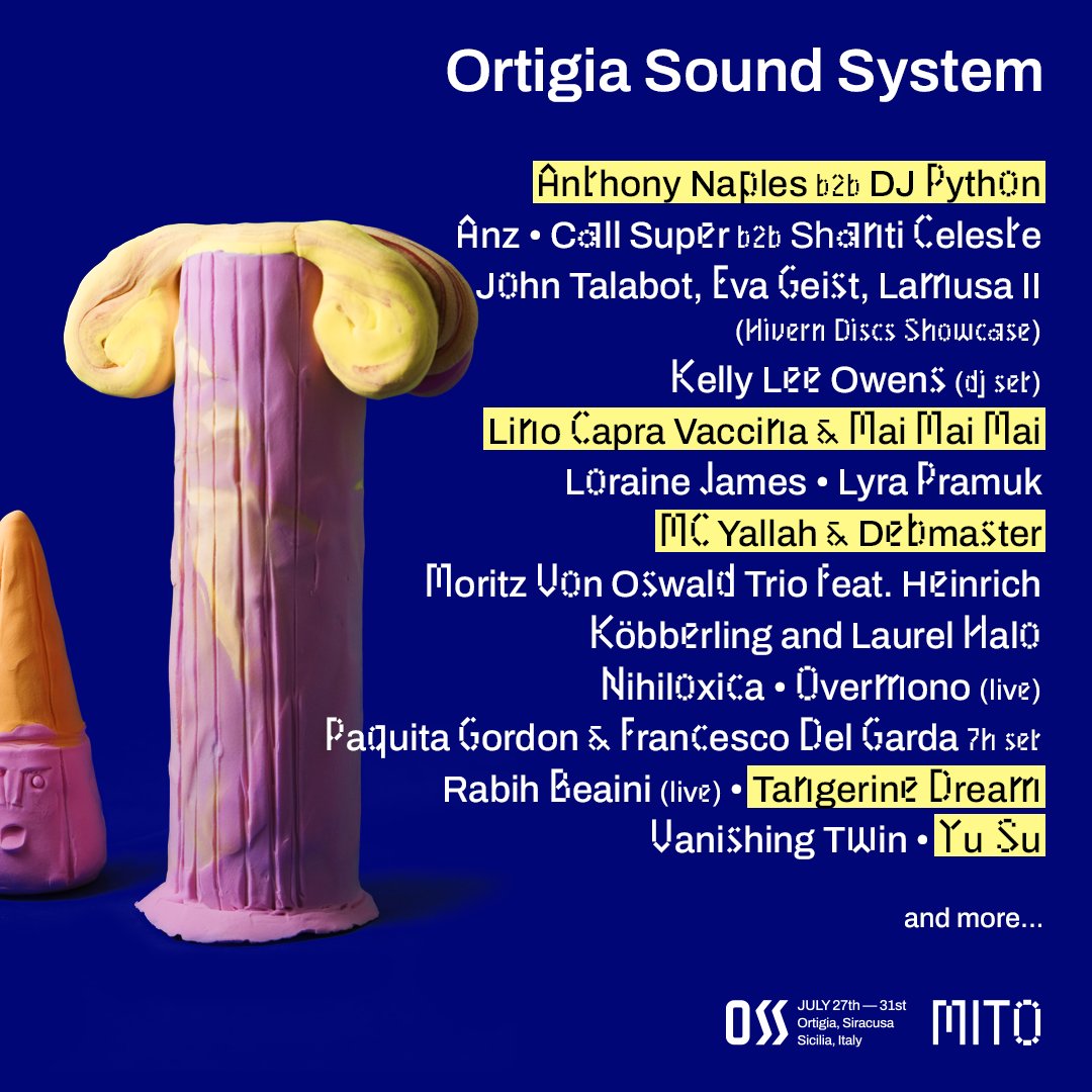 We’re delighted to disclose the second part of our line-up.

July 27th – July 31st 2022
ORTIGIA » SYRACUSE
SICILY » ITALY

New tickets for Ortigia Sound System 22 are dropping on Tuesday March 15 at 2PM CET.

More info here: link.dice.fm/ortigiasoundsy… 

#OSS22 #ΜIƬO