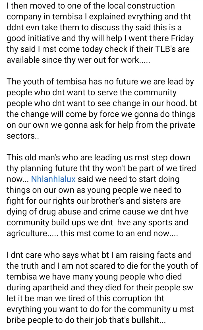 MasilelaThabani's tweet photo. We have big crisis in tembisa as youth the leader don't take us serious our request ate not takes serious evrything we mst bribe evn when it's for community we tryng to bring change.....@nhlanhla_lux_ plz step in to this bro our leaders are killing us.... https://t.co/dCiOacn86R