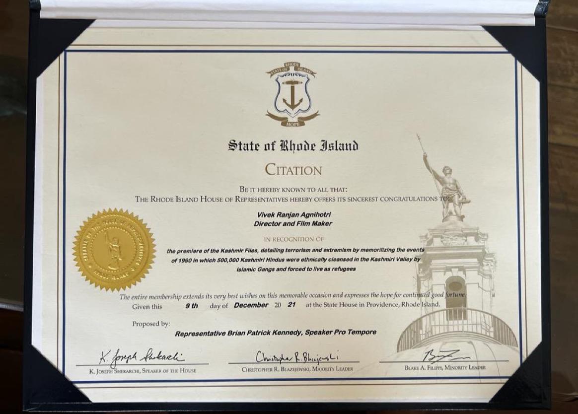 VikasInExile's tweet photo. First time in 32 years, any state in the world, that too one of the most democratic &amp; liberal state of USA -Rhode Island, has officially recognised Kashmir Genocide of Hindus, due to a #TheKashmirFiles
@vivekagnihotri indebted for life 🙏
Thanks to dynamic leadership of India 🙏 https://t.co/XbZ5ud6Xls