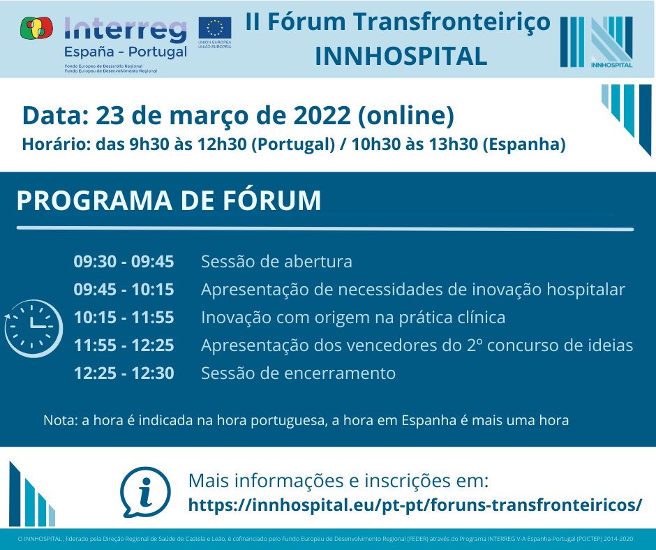 IPNunes's tweet photo. 📅 II Fórum @innhospital “Da #Inovação ao Impacto em #saúde – a importância da orientação às necessidades clínicas”
👨🏻⚕️ O fórum vai decorrer no dia 23 de março
✍🏻 Inscrições em https://t.co/IlyKRda6HV
#health #innovation #Hospital #POCTEP #Interreg #ipnlas https://t.co/37KvaWXGES