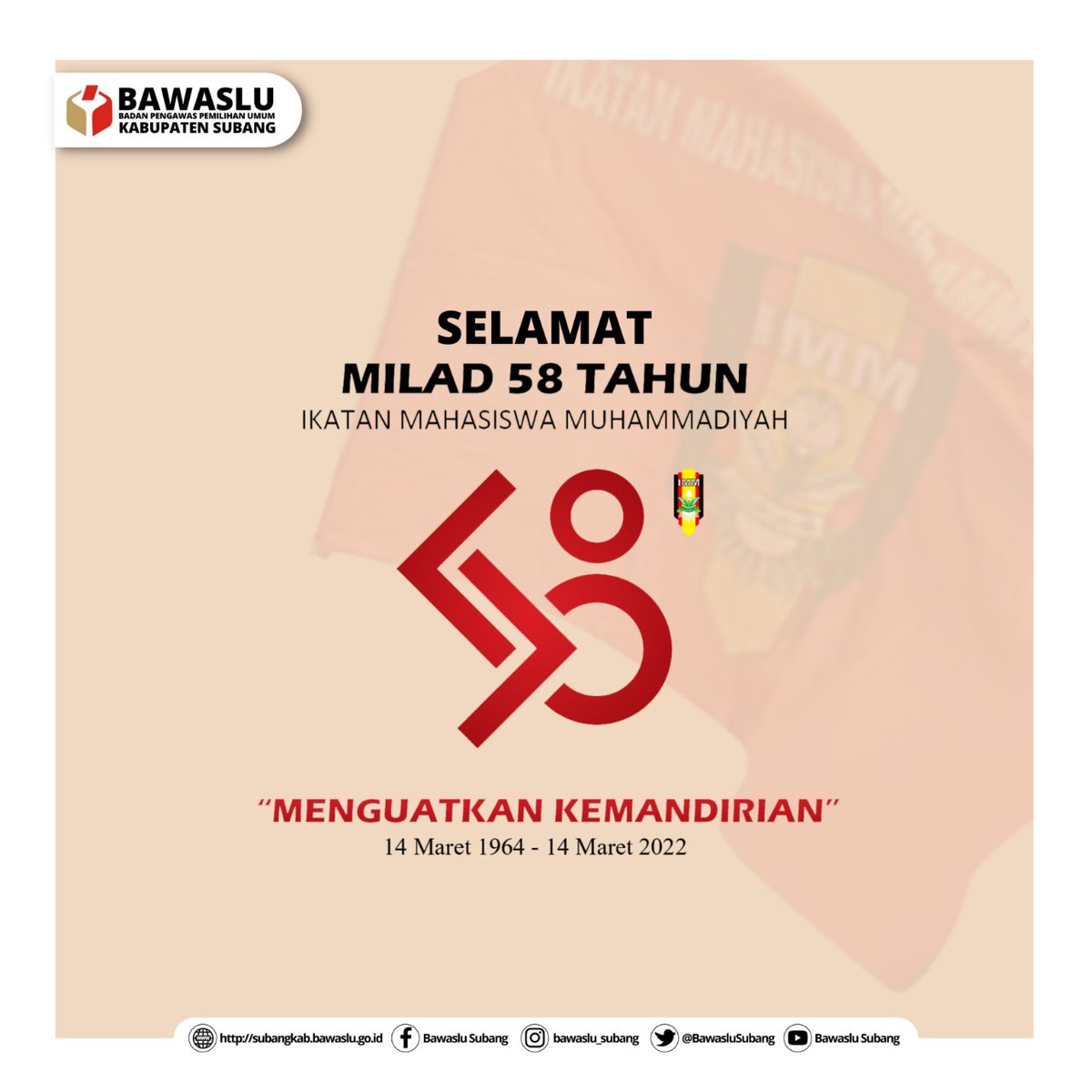 BawasluSubang's tweet photo. Mahasiswa terbaik adalah mereka yang membawa perubahan positif bagi sekitarnya. Selamat Milad Ikatan Mahasiswa Muhammadiyah 2022

#Bawasluri
#Bawaslujabar
#Bawaslusubang
#Bawasluinformatif
#MiladIMM2022 https://t.co/kGDo8xaZ4T