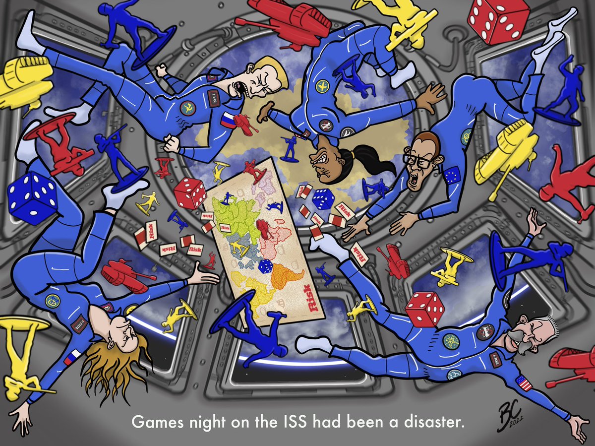 BenChilton's tweet photo. ‘Games night on the ISS had been a disaster’ 

My entry for @MartinRowson’s fantastic #DrawWorldWarThree challenge

I wonder how it’s going up there?

#Draw #Cartoons #ISS #Ukraine #RussiaUkraineWar https://t.co/RWlDbL3aCD