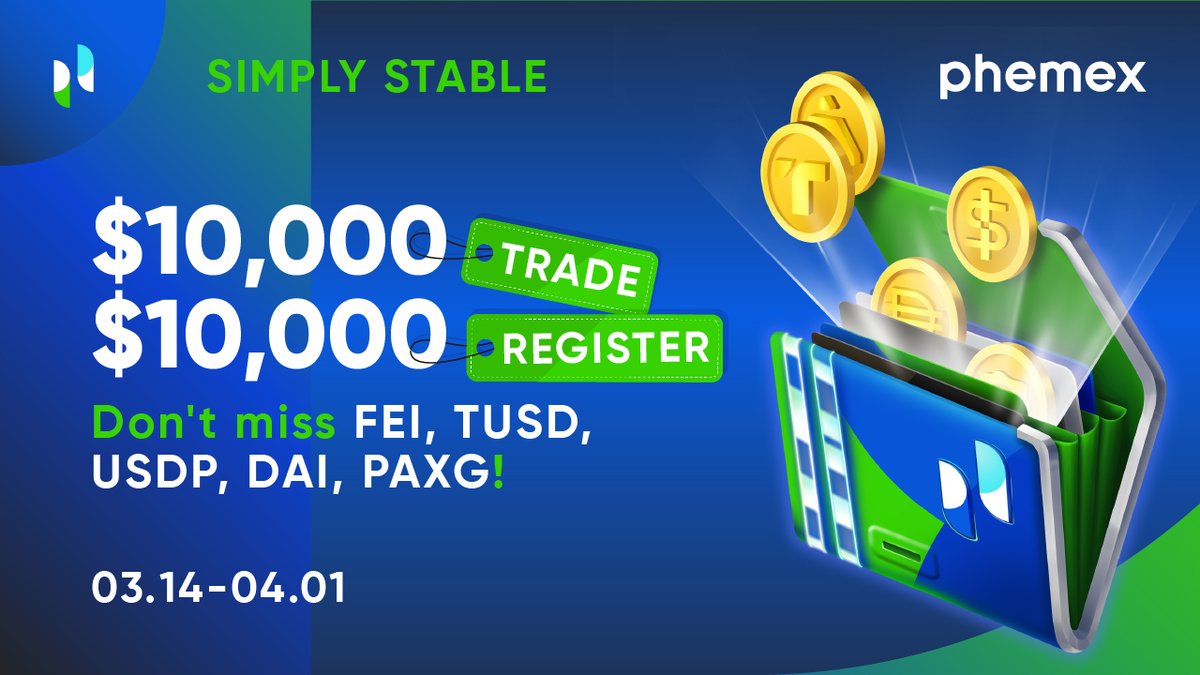 Volatile market? 😬 

Enjoy two ways to win $20,000 💰 by registering and trading our new stablecoin listings on #Phemex. 😎 

More details 🔽 
bit.ly/3tad0ru

#SimplyStable #giveaway #trade #FEI #TUSD #USDP #DAI #PAXG #market