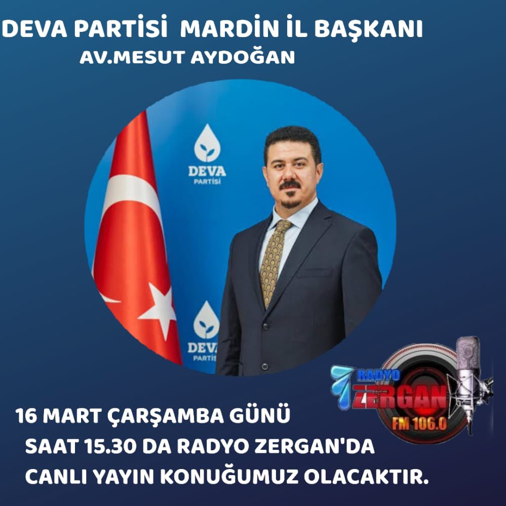 16 Mart Çarşamba 
Saat: 15:30

<a href="/Radyozerganfm/">radyozerganfm106</a> konuğu İl Başkanımız <a href="/avmesutaydogan/">Mesut Aydogan</a> 

Bekliyoruz.