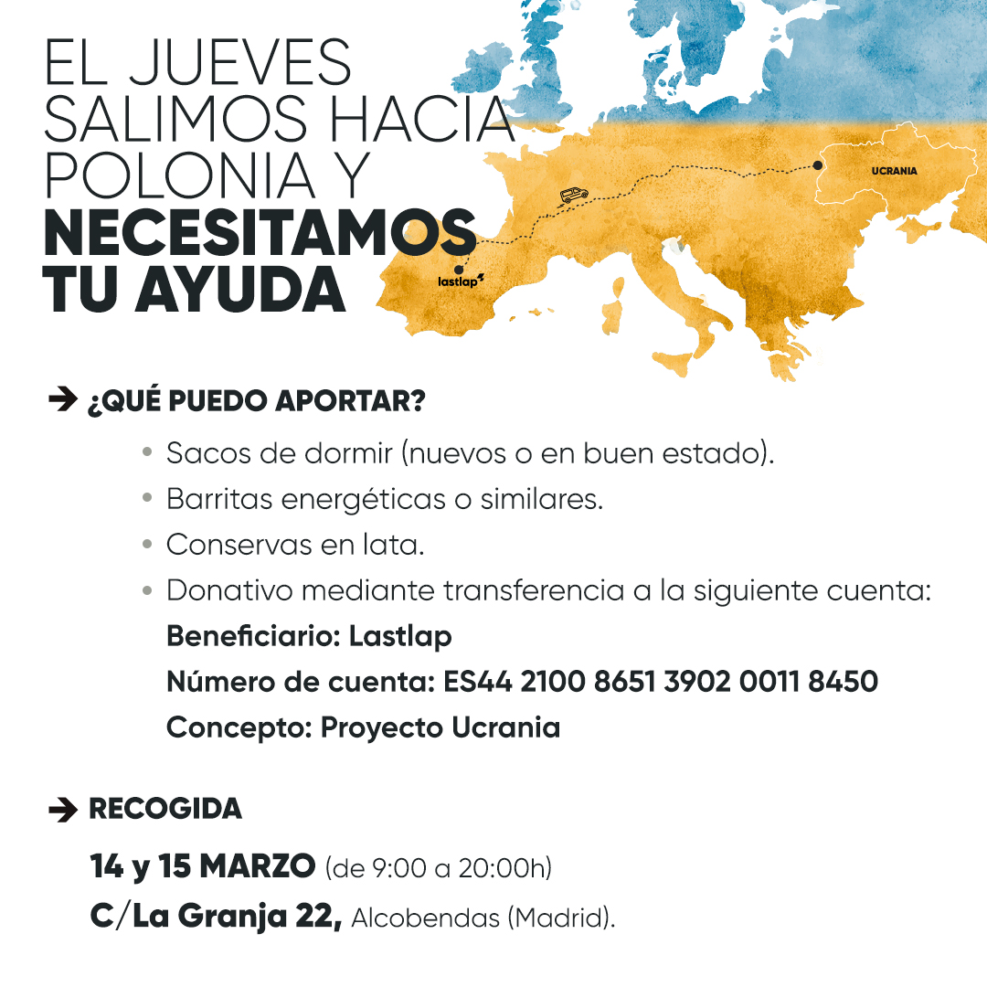 Lastlap_ES's tweet photo. 🇺🇦  Este jueves arrancamos la caravana solidaria. Saldremos con varios vehículos a llevar ayuda humanitaria. Recuerda que puedes ayudarnos aportando tu granito de arena o a través de transferencia a nuestra cuenta bancaria con lo que compraremos material de primera necesidad. https://t.co/s5B37FSqYK