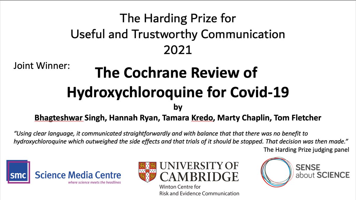 d_spiegel's tweet photo. Delighted to announce the winners of the inaugural #hardingprize for Useful and Trustworthy Communication, alongside @SMC_London and @senseaboutsci  https://t.co/g11G00Harv  two winners!
The ONS Covid infection survey and the Cochrane Review of Hydroxychloroquine for Covid-19 https://t.co/dBXz5lZytm