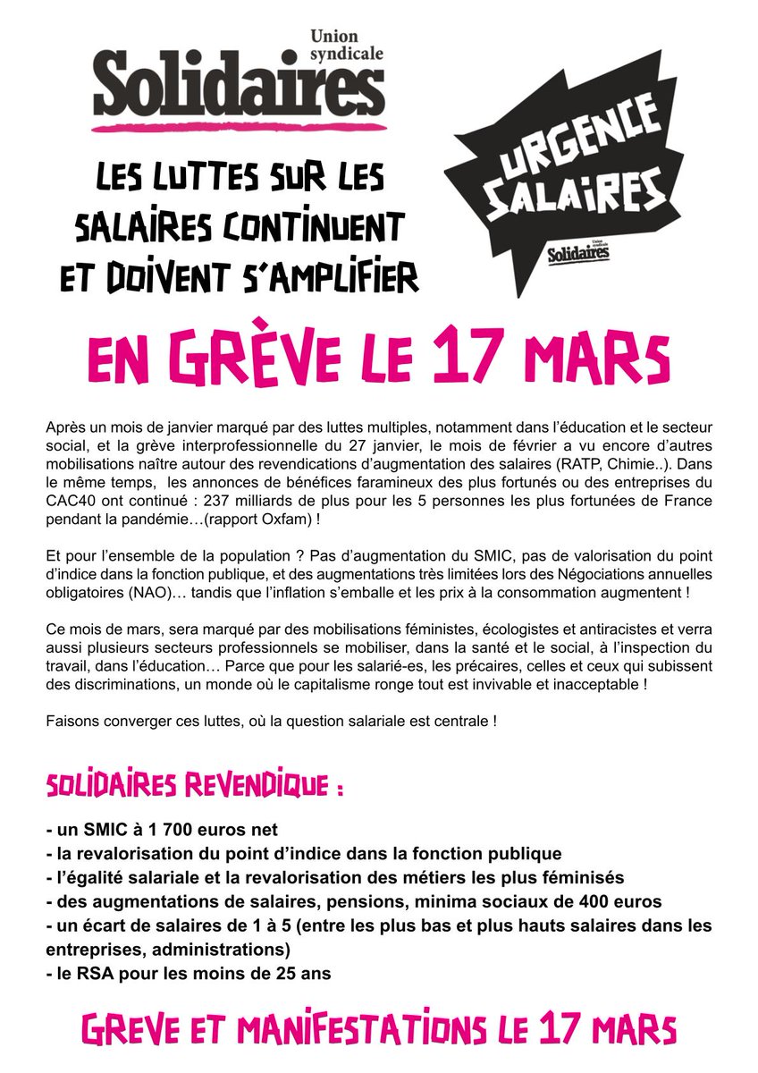 UnionSolidaires's tweet photo. Pensions de misère, retraites indignes, bas salaires, inégalités salariales entre les femmes et les hommes...⛔️
L'augmentation des salaires et des pensions est indispensable ‼️ Nous appelons dans le continuité de la journée de grève du 27 janvier, à nous mobiliser ce 17 mars ! 📆 https://t.co/kIkr8j42Dc