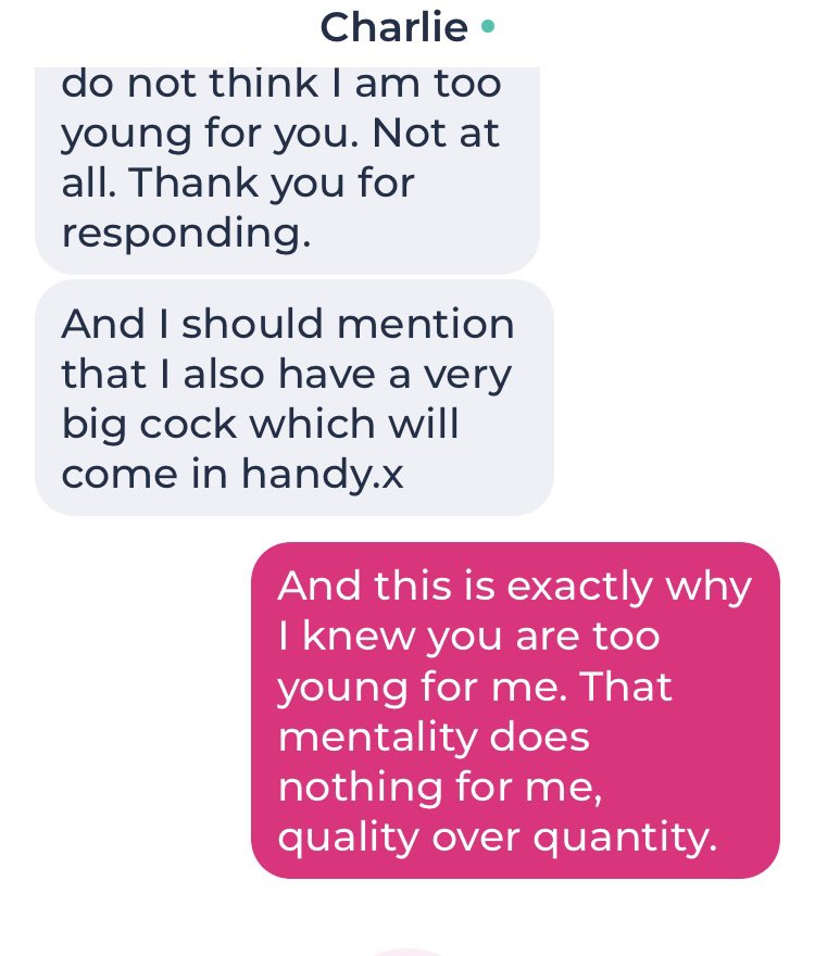 Seriously Charlie. Do you think mentioning the size of your cock in your 3rd message to me is going to make a difference?! Absolutely not. Now, off you pop 👋 #OnlineDating #OnlineDatingSucks #MatchFail #BoreOff #QualityOverQuantity