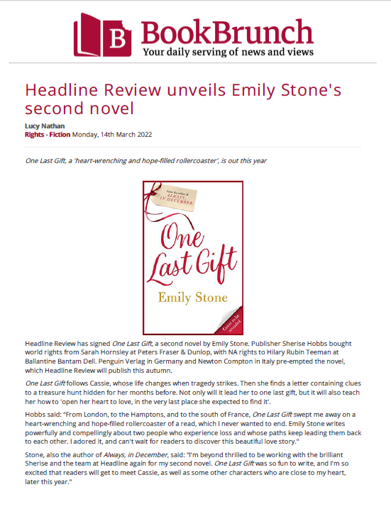 SarahHornsley's tweet photo. Very excited that @SheriseHobbs will be publishing 
@EmStoneWrites's wonderful new novel #OneLastGift. It is just as gorgeous as #AlwaysInDecember and readers are in for such a treat. Rights sales are already stacking up, which we always love to see. 
@headlinepg https://t.co/t1lkWSRyRT