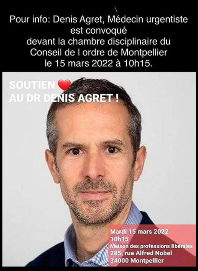 sergiodde's tweet photo. Soutenons ce résistant de la première heure. Les Montpelliérains, en force le 15 mars à 10h00. ✊.

Et lorsque vous avez connaissance d'autres cas similaires, partagez, diffusez afin que le soutien soit massif ! 
#SoutienDrAgret 
#RéintégrerLesSoignants
@AgretDenis https://t.co/96k4qyfULc