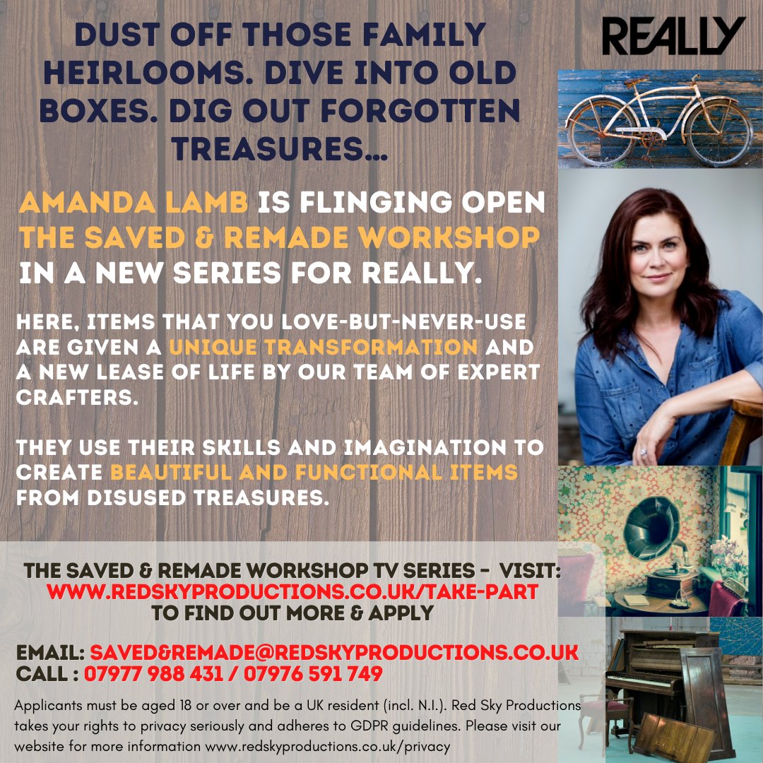 Do you have an object you love but never use?
Want to keep it…and have expert crafters transform it into something new?

Our exciting TV series could turn it into something that you’ll actually use! 

Apply to take part now: redskyproductions.co.uk/take-part
#TheSavedandRemadeWorkshop