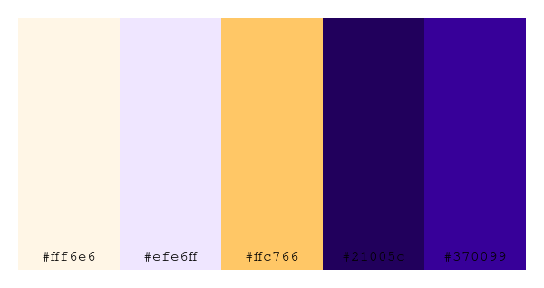 ColPaletteBot's tweet photo. Beep beep, here's a pretty color palette for you!
color-scheme.js parameters used:
- hue: 65
- variation: hard
- colors: #fff6e6, #efe6ff, #ffc766, #21005c, #370099
Have a lovely day!
#twitterbot #colorpalette #colors #palette #prettycolors https://t.co/4ExXZAcaCg