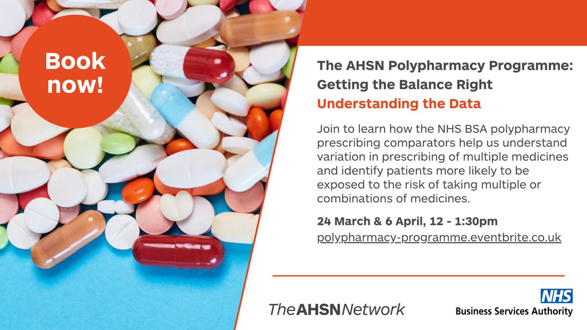 The @AHSNNetwork national #Polypharmacy programme is hosting a webinar (24 March/6 April) to consider how medicines data can help improve patient care and safety. Join the network and <a href="/NHSBSA/">NHS Business Services Authority</a> to hear more.  eventbrite.co.uk/e/the-ahsn-pol…