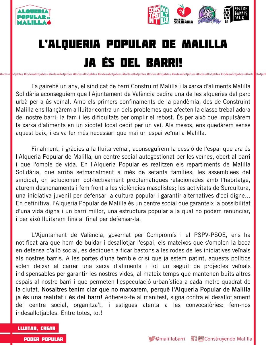 MalillaSindicat's tweet photo. L'Alqueria Popular de Malilla ja és del barri❗ L'Ajuntament vol tirar-nos al carrer: signa contra el desallotjament del centre social, adhereix la teua organització al manifest (https://t.co/zq2iqZxJCd) i estigueu molt atentes a les convocatòries ❤️💚
Fem-nos indesallotjables!👹 https://t.co/Tuojp2bTLg