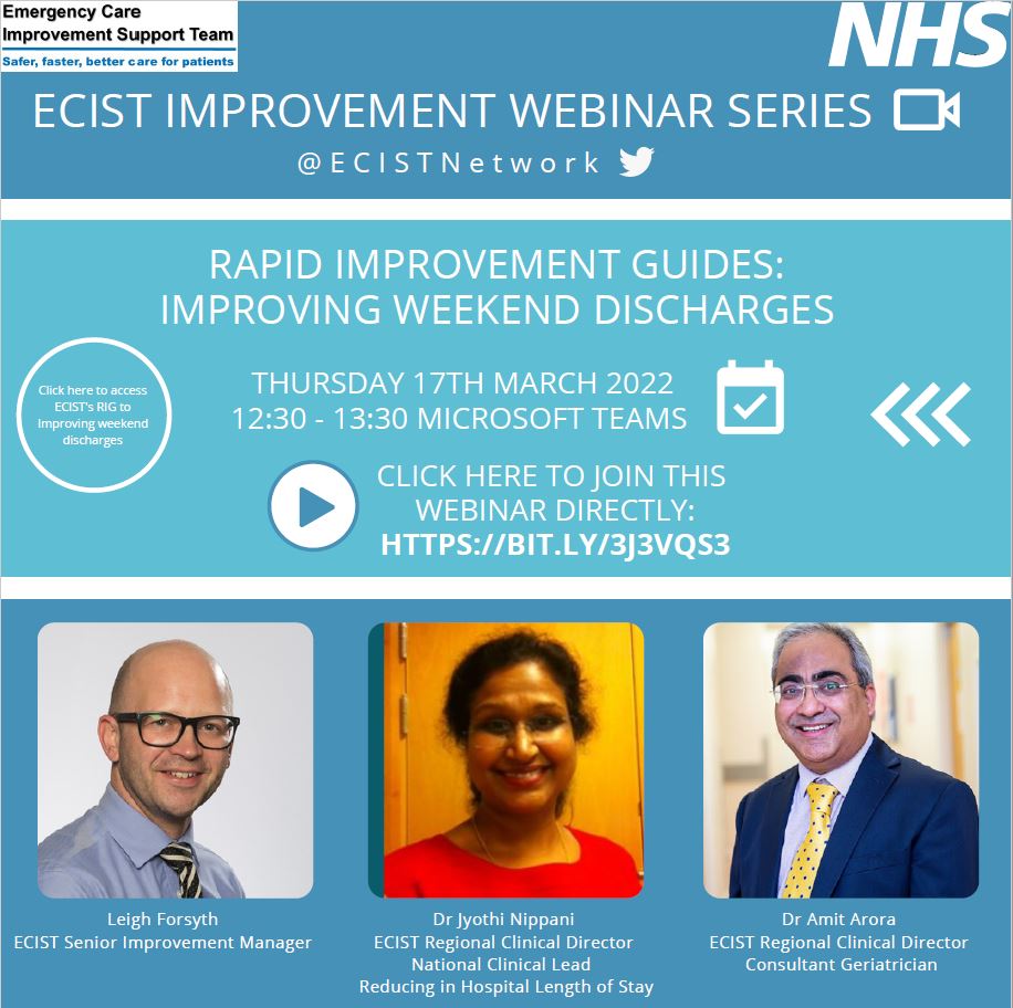 We are launching a new webinar series this week.  Join 
<a href="/Jyothinippani/">Jyothi Nippani</a> <a href="/leigh_rehab/">leigh forsyth</a> and <a href="/betterageing/">Amit Arora</a> to discuss improving weekend discharges
17th March
12:30pm
Download the flyer (with Teams link) below
future.nhs.uk/ECISTnetwork/v…