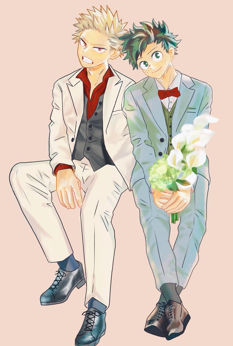 bakugou katsuki ,midoriya izuku multiple boys 2boys male focus freckles green hair formal suit  illustration images