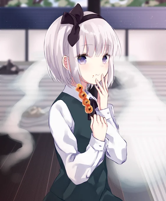 スクショに次ぐスクショで人権が失われていくのを感じるのでだいぶ前に描いた団子食ってる妖夢🍡🍡🍡 