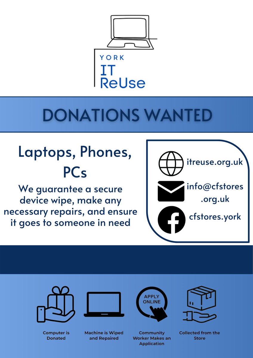 ITReUse_York's tweet photo. If you're in York and have a laptop, PC or phone you no longer need - we can help! Rather than scrap it, bring it to: The Raylor Centre, Unit 29, James St, York YO10 3DW.
We will wipe make any necessary repairs, wipe your data, and make sure it goes to someone in need. #ITReUse https://t.co/6EX0DqolQR