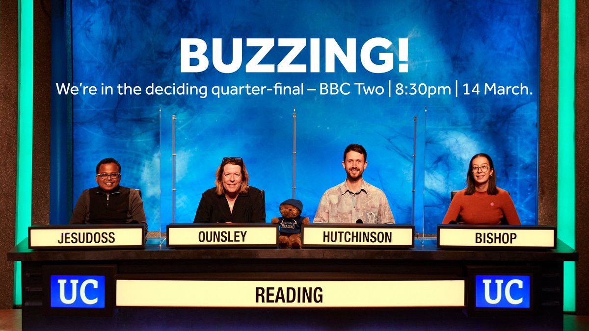 UniofReading's tweet photo. 🚨 tonight's our last shot at making it to the semi-finals of #UniversityChallenge 😲

Tune in to @BBCTwo at 20:30 to watch Sylvian, Margaret, Michael and Kira go head-to-head with @stjohnscam - and join us here as we live-tweet the match as it happens!

Let's do this, team 💪 https://t.co/yMoQTX5oAX
