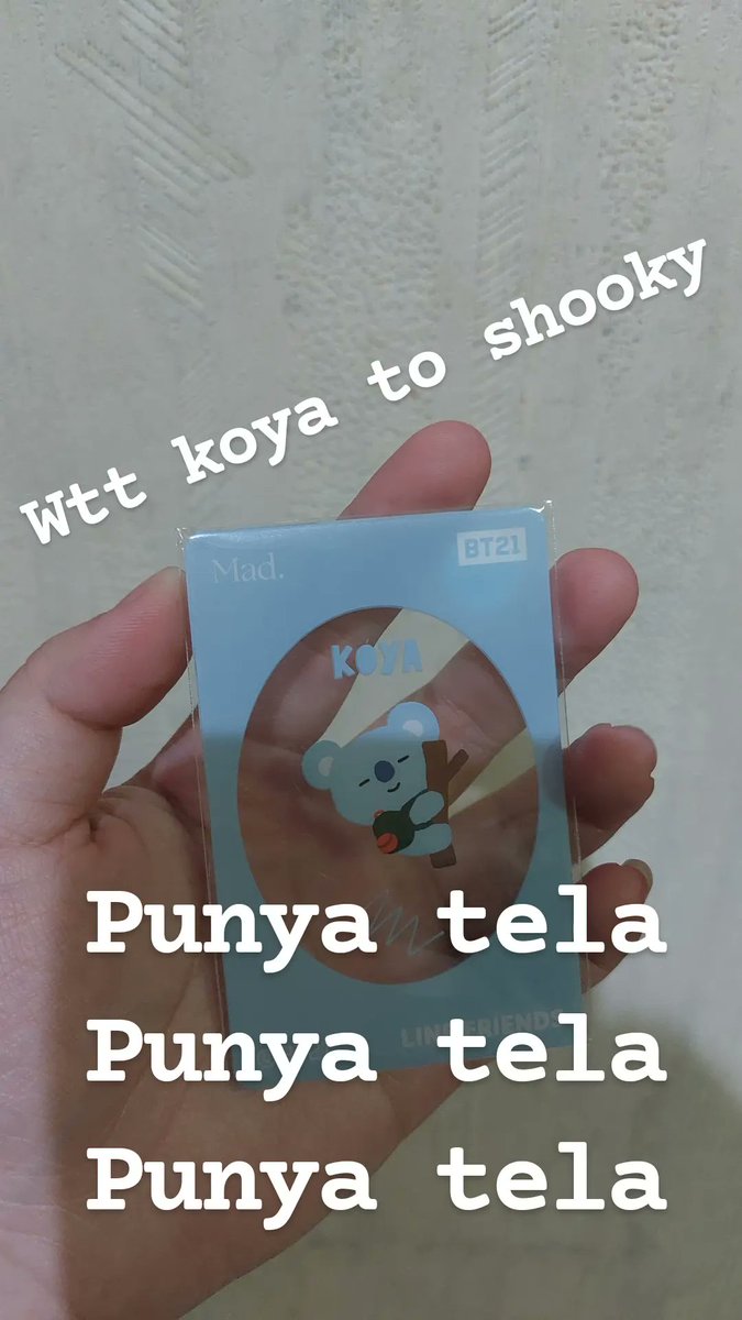 09099S's tweet photo. HELP RT 🥺

[WTT // Want To Trade]
PHOTOCARD PC MAD X BT21

Have : Koya
Want : shooky

Bisa oren, dom sby, ada free ong

t. wts wtb wtt bt21 mad for makeup keyring mirror bundle photocard koya mang rj cooky shooky tata bts https://t.co/CEQuOpQbTe