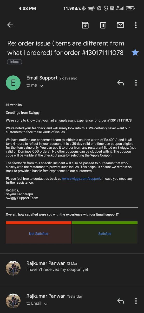 Rajkumar0101010's tweet photo. They dont resolve my issue and close my chat  without knowing me i want my coupon and my reslove my issue
I am not satisfied with your services its too slow  
First u said i will give u 400rs coupon exchange of food quality
Now your excutive said 250rs after 2days 

@swiggy_in https://t.co/a3RCJtc8B6