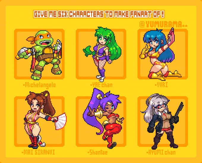 シックスファンアート #ドット絵 #ミケランジェロ(タートルズ) #ヤエちゃん #ダーティペア #不知火舞 #シャンティ #あゆみちゃん https://t.co/NusouBgzMA 