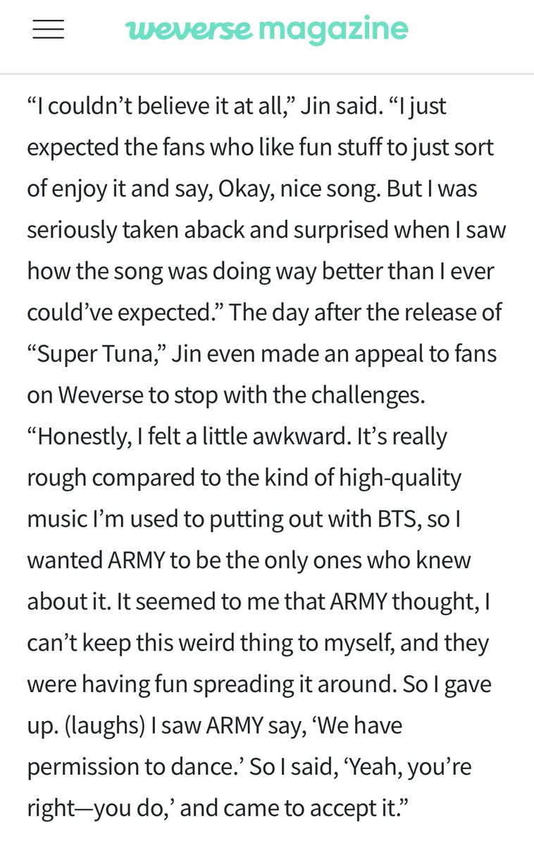 UniversBTS_'s tweet photo. 📄 Jin: “Eu queria que os ARMYs fossem os únicos que soubessem sobre [Super Tuna]. Parece que eles pensaram, "eu não posso guardar essa coisa estranha para mim" e eles estavam se divertindo espalhando isso. Então eu desisti. [+]

🦊 @BTS_twt https://t.co/VhR6o8votC