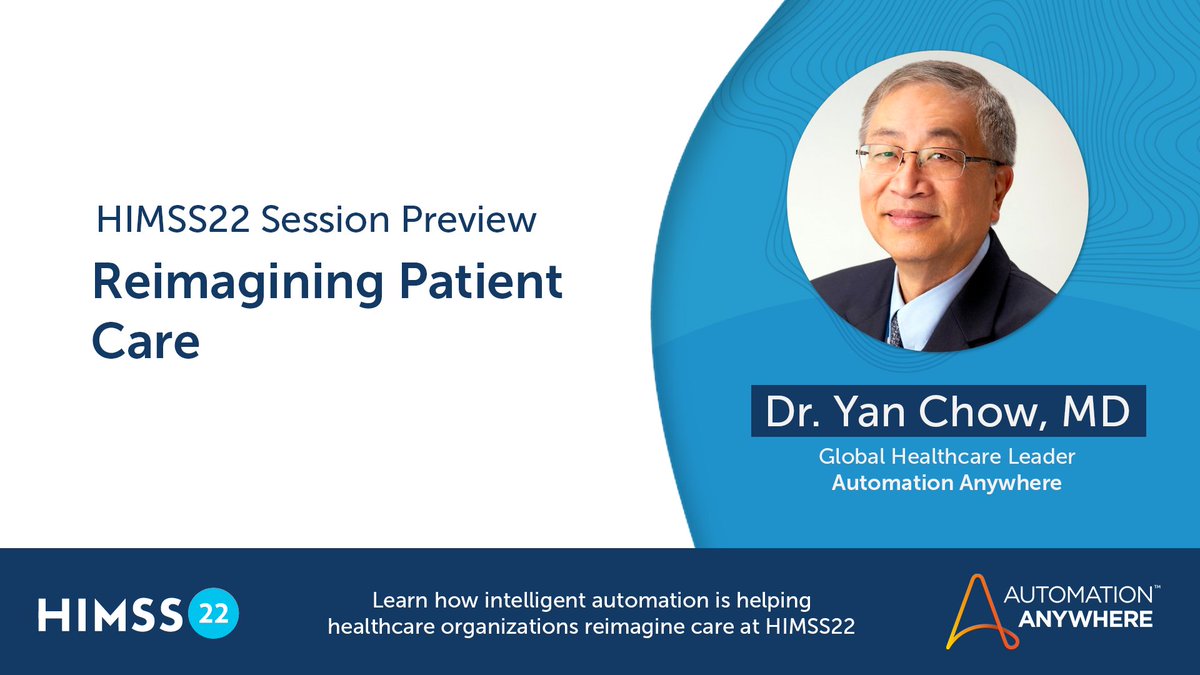 We're excited to be at #HIMSS22 this week, where Dr Yan Chow, MD will be speaking on how intelligent automation is helping healthcare organizations reimagine care. Preview below 👇 📅 March 17 🕝 2:30 PM 📍 W208C 💬 Booth: 3511 automationanywhere.com/company/blog/r…
