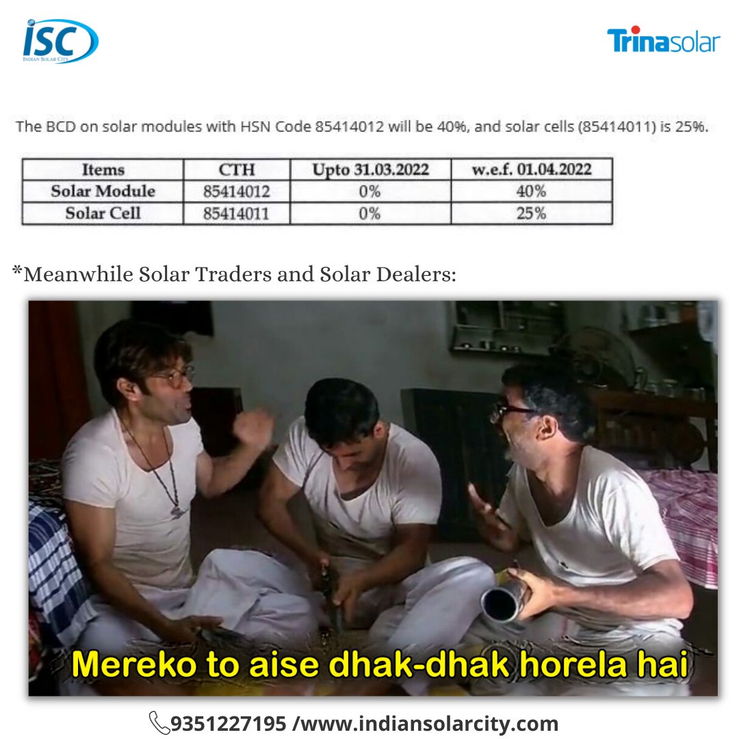 ISCCleantech's tweet photo. *The BCD on solar modules will be 40%, and solar cell is 25%*

Indian Solar City | Authorized distributor of Havells On-grid Inverters and Trina Solar Modules.

Know More 👇

Contact Us:

+919351227195
Visit: https://t.co/26Isr03yoK

#trinasolar #BCD #solarcells #solarpanels https://t.co/QCpny6cRSL