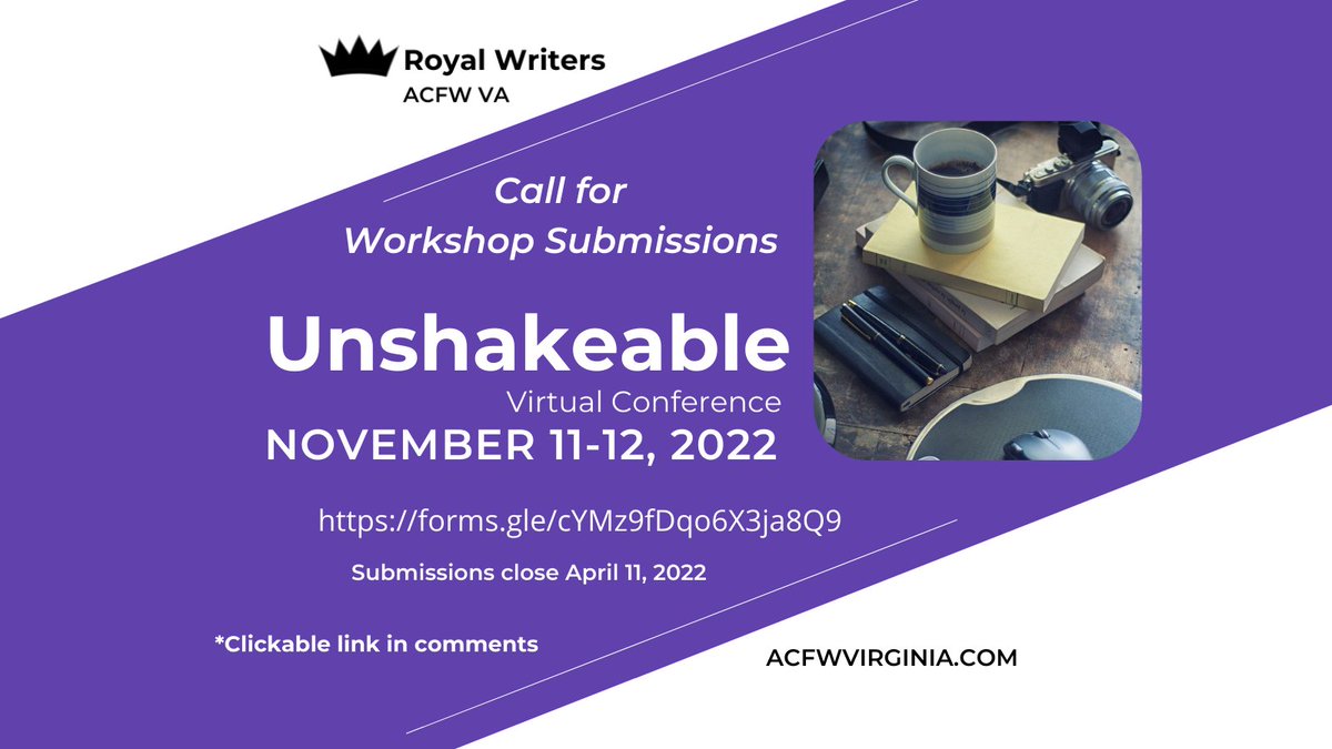 @ACFWVA announces a Call for Workshop Submissions for our virtual #202RoyalWritersConference. Deadline April 11, 2022 forms.gle/oZoURoe1hNi24n… #writingtips #writingcommunity #fiction #Inspy