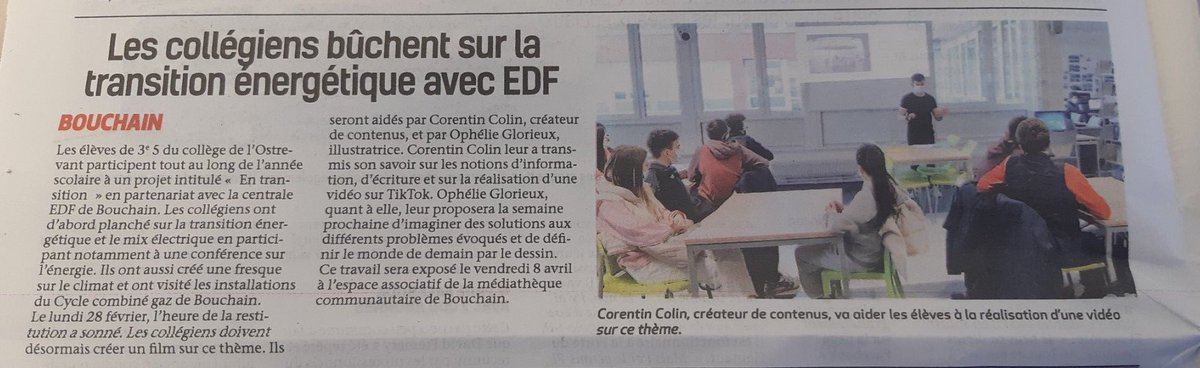 EDFBouchain's tweet photo. [On parle de nous] Retour dans @Obsvalenciennes sur l’intervention de @ColinCorentin et Ophélie Glorieux au collège de #Bouchain pour le projet #EnTransition https://t.co/1ej57wTPS0