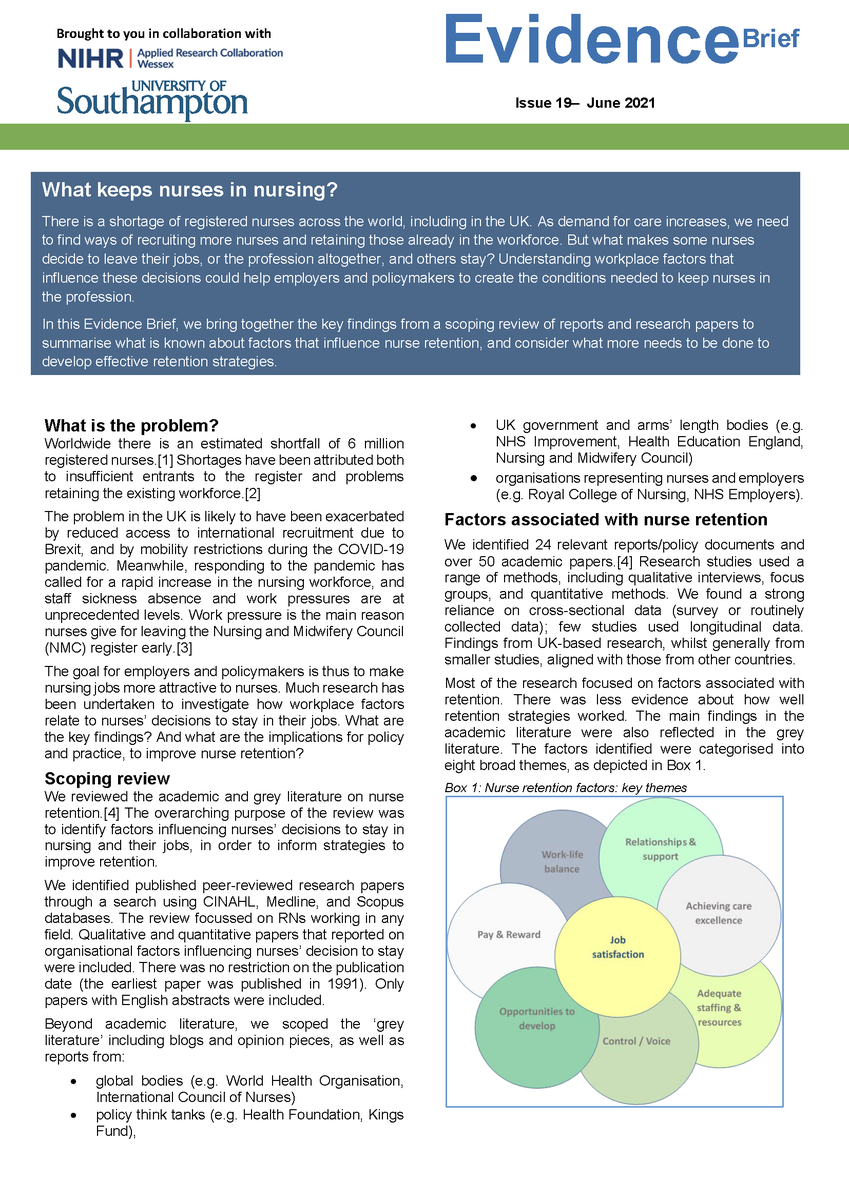 arc_wessex's tweet photo. So what keeps #nurses nursing? 
@JaneEBall @ZEjebu &amp; the ARC team have been looking at the factors that influence #nurse retention. Spoiler alert - work-life balance and pay feature. For the full Evidence Brief download follow this link https://t.co/UiKNULfR7p https://t.co/eHBU3BFVLE