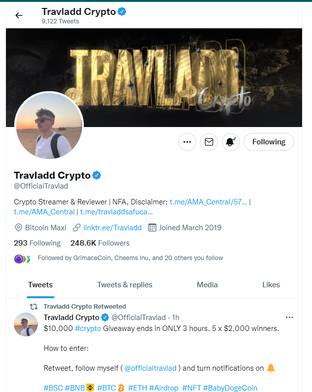 Andrrrey4's tweet photo. @travladd 🙏done

#BSC #BNB #BTC #ETH #Airdrop  #NFT #BabyDogeCoin #Binance #NFTCommunity https://t.co/61MblHAhZi