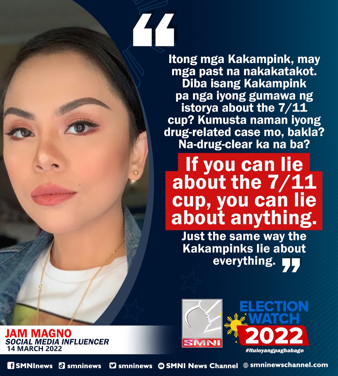smninews's tweet photo. Jam Magno: Kakampinks lie about everything

#SMNIElectionWatch2022 
#YourVoteMatters  
#ItuloyAngPagbabago https://t.co/10lhvC7PLA