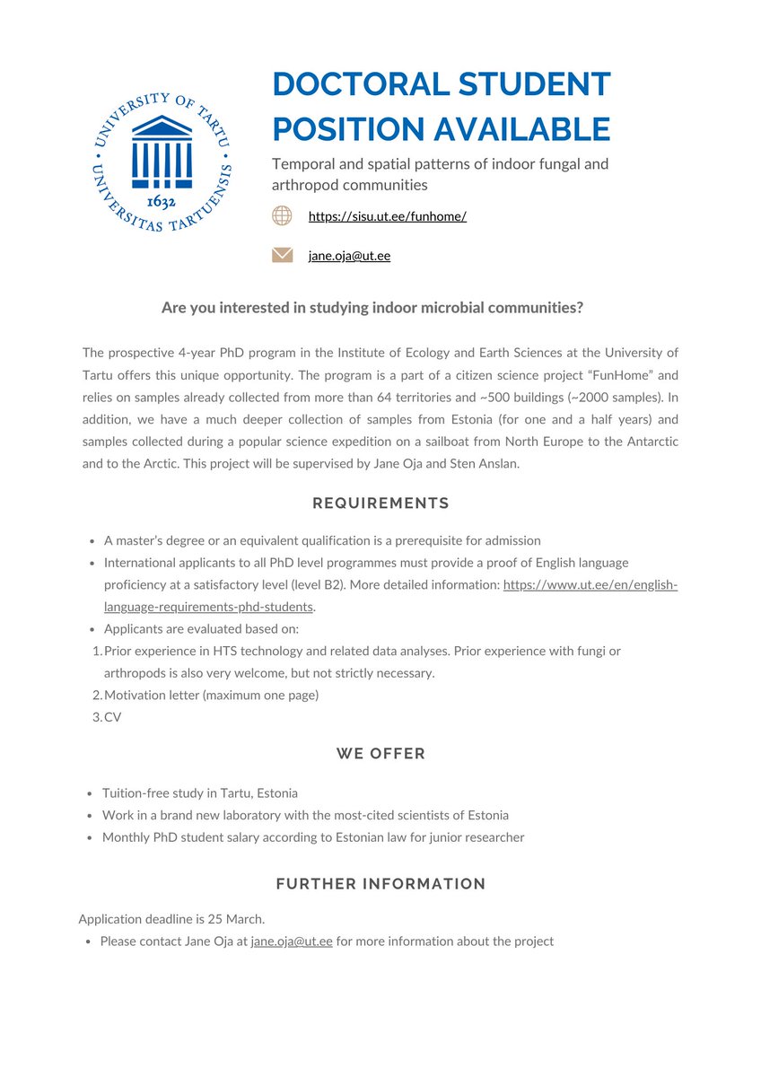 Myco_Microbio's tweet image. Doctoral student position available @unitartu 
#funhome #microbialcommunities
More information: sisu.ut.ee/sites/default/…