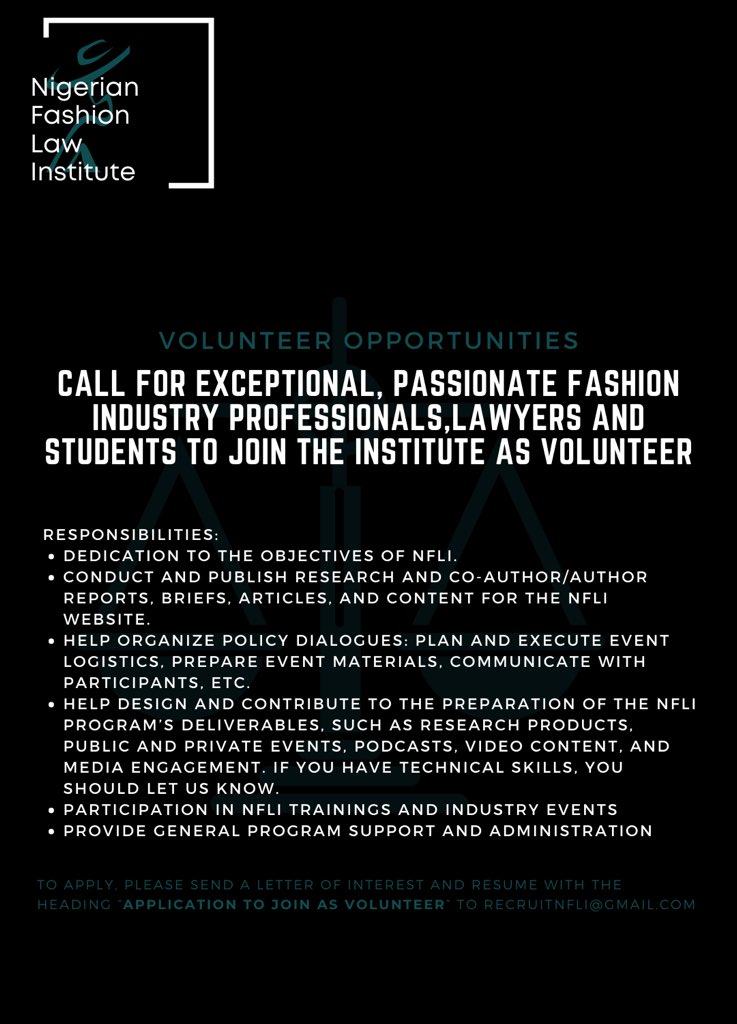 Call for Volunteers !!

Are you a fashion industry professional, Lawyer, graduate or student passionate about the fashion industry ?
Would you like to volunteer in a fast growing institute dedicated to the business of fashion and the legal industry?