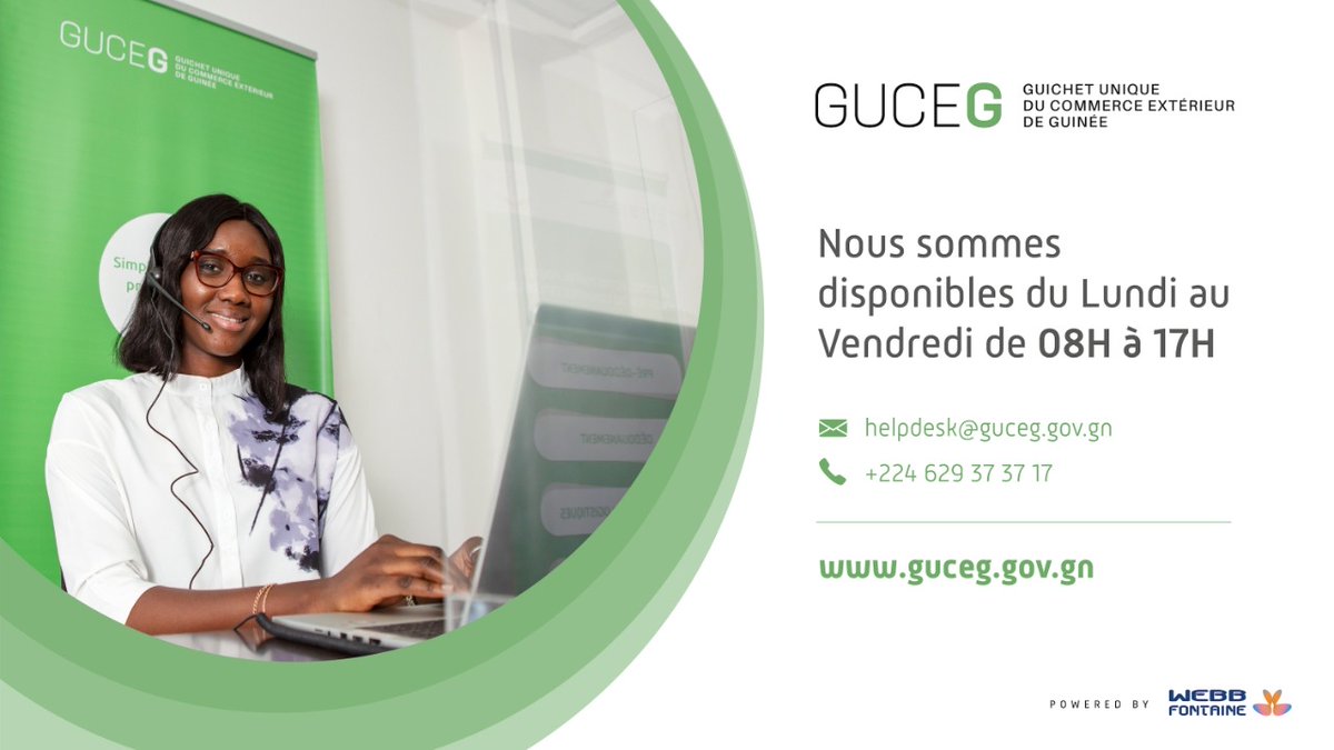 GUCEGGN's tweet photo. Le #HelpDesk du #GUCEG est disponible pour répondre à toutes les questions relatives à la plate-forme de facilitation du #commerce #extérieur en #Guinée. https://t.co/pZjTd3sqdT