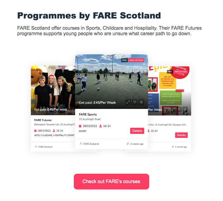 Spotlight on: <a href="/FARE_Scotland/">FARE Scotland</a>.

Another amazing provider who had the courage to join the <a href="/STNScot/">Skills Training Network</a> many months ago.

Browse all of FARE' employability programmes and make a referral directly through our one-stop shop: lnkd.in/e72wSuJg