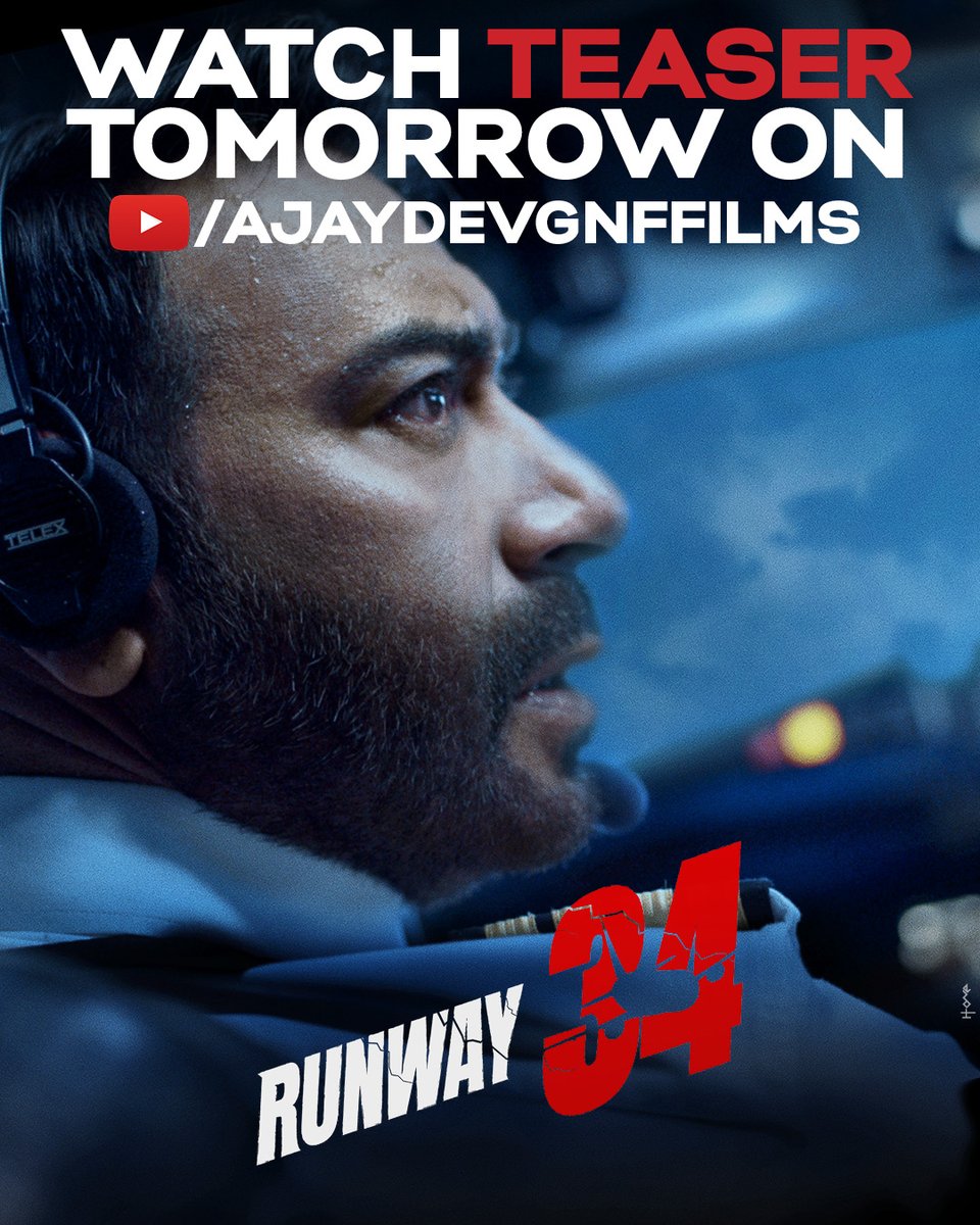 Expecting heavy turbulence ✈️
Teaser ETA: Tomorrow!

#Runway34TeaserOutTom 
@SrBachchan @ajaydevgn @Rakulpreet @bomanirani @CarryMinati @aakanksha_s30 @angira_dhar @ADFFilms @KumarMangat #VikrantSharma @Meena_Iyer @PanoramaMovies @hasnain_husaini #JayKanojiya