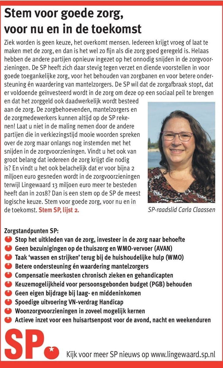 Vindt u kwalitatief goede zorg ook van groot belang? 

Stem dan SP, lijst 2 👍

#GR2022 #Lingewaard